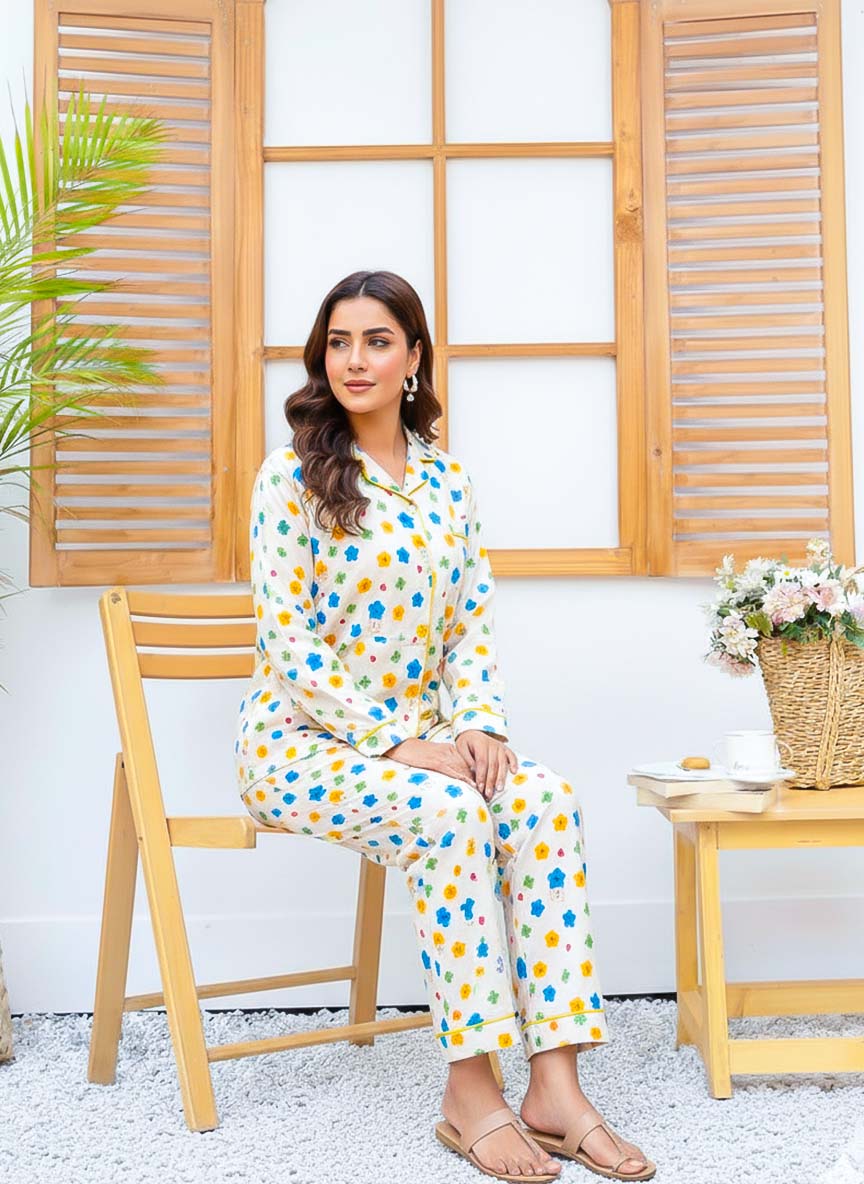 Imported linen printed multi-flower PJ set by Night Need, featuring a comfortable linen sleepwear with colorful floral patterns.