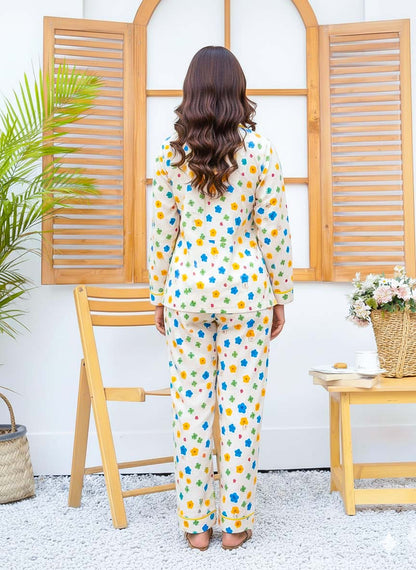 Night Need imported linen printed multi-flower PJ set featuring a comfortable linen fabric and colorful floral design.