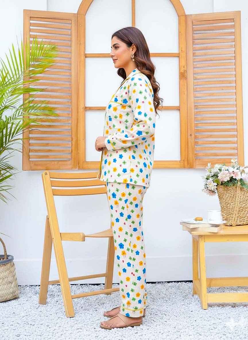 Night Need imported linen printed multi-flower PJ set, comfortable linen pajamas with colorful floral pattern on a relaxed fit.