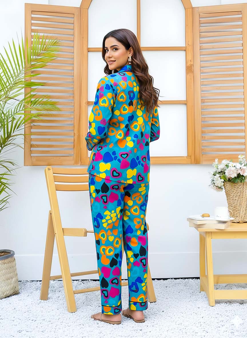 Imported linen printed pattern PJ set by Night Need, featuring comfortable linen fabric and stylish floral print for relaxing sleepwear.