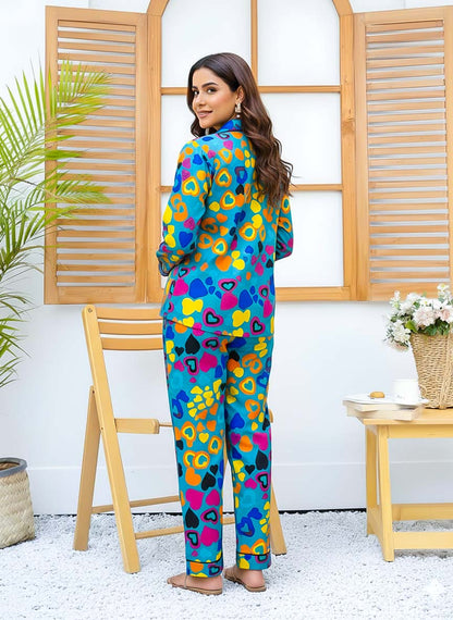 Imported linen printed pattern PJ set by Night Need, featuring comfortable linen fabric and stylish floral print for relaxing sleepwear.