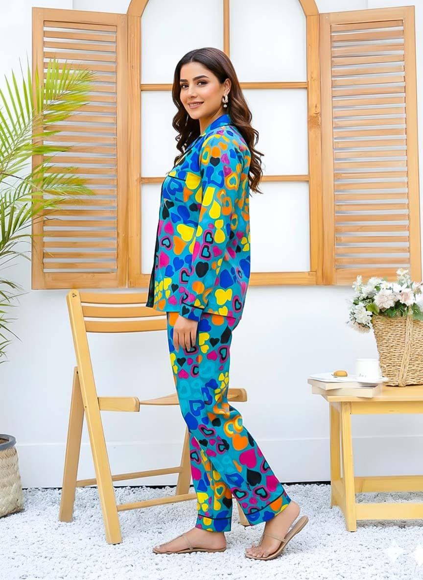 Night Need imported linen printed pattern pajama set featuring a relaxed fit and stylish design, perfect for comfortable sleepwear.