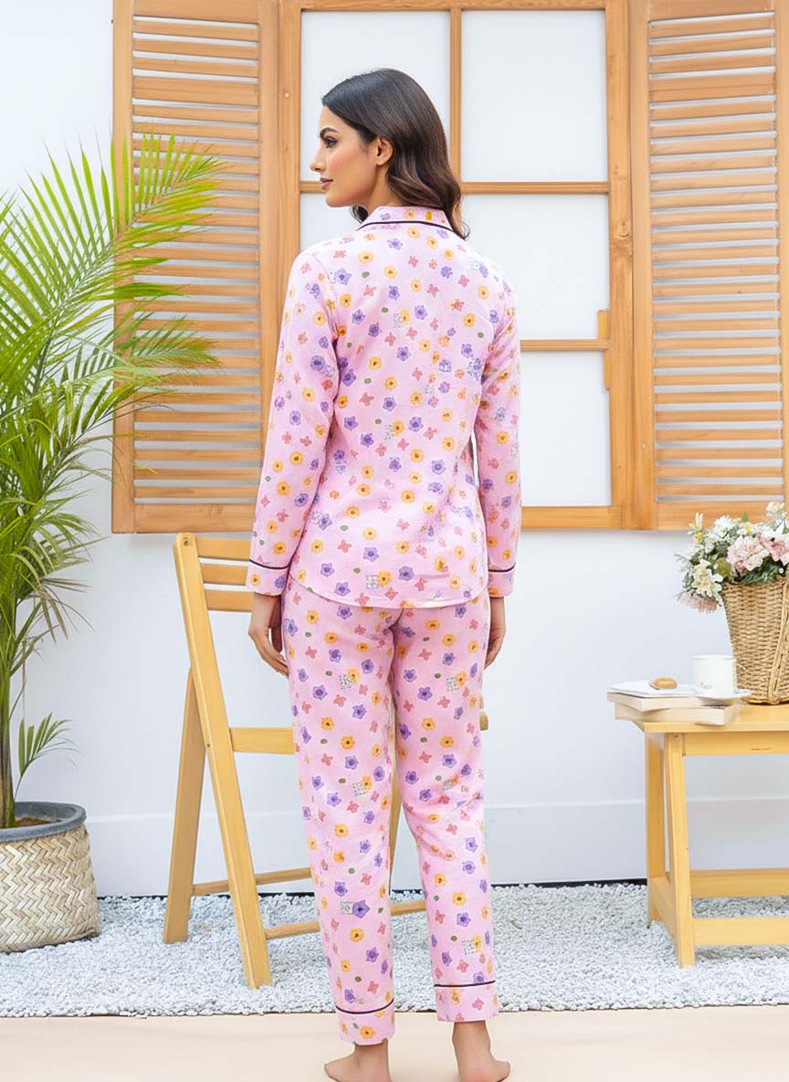Night Need imported linen pink floral PJ set with multi-colored flower print, shown laid out flat on a white background.