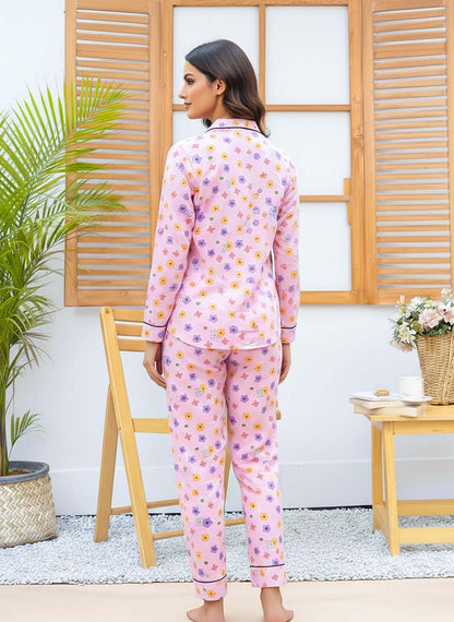 Night Need imported linen pink floral PJ set with multi-colored flower print, shown laid out flat on a white background.