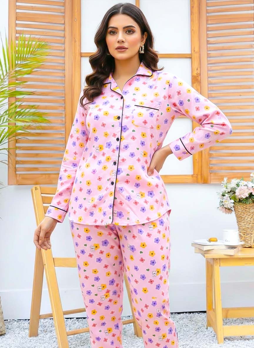 Night Need imported linen printed pink multi-flower PJ set, showing the soft, floral-patterned fabric on a comfortable pajamas ensemble.