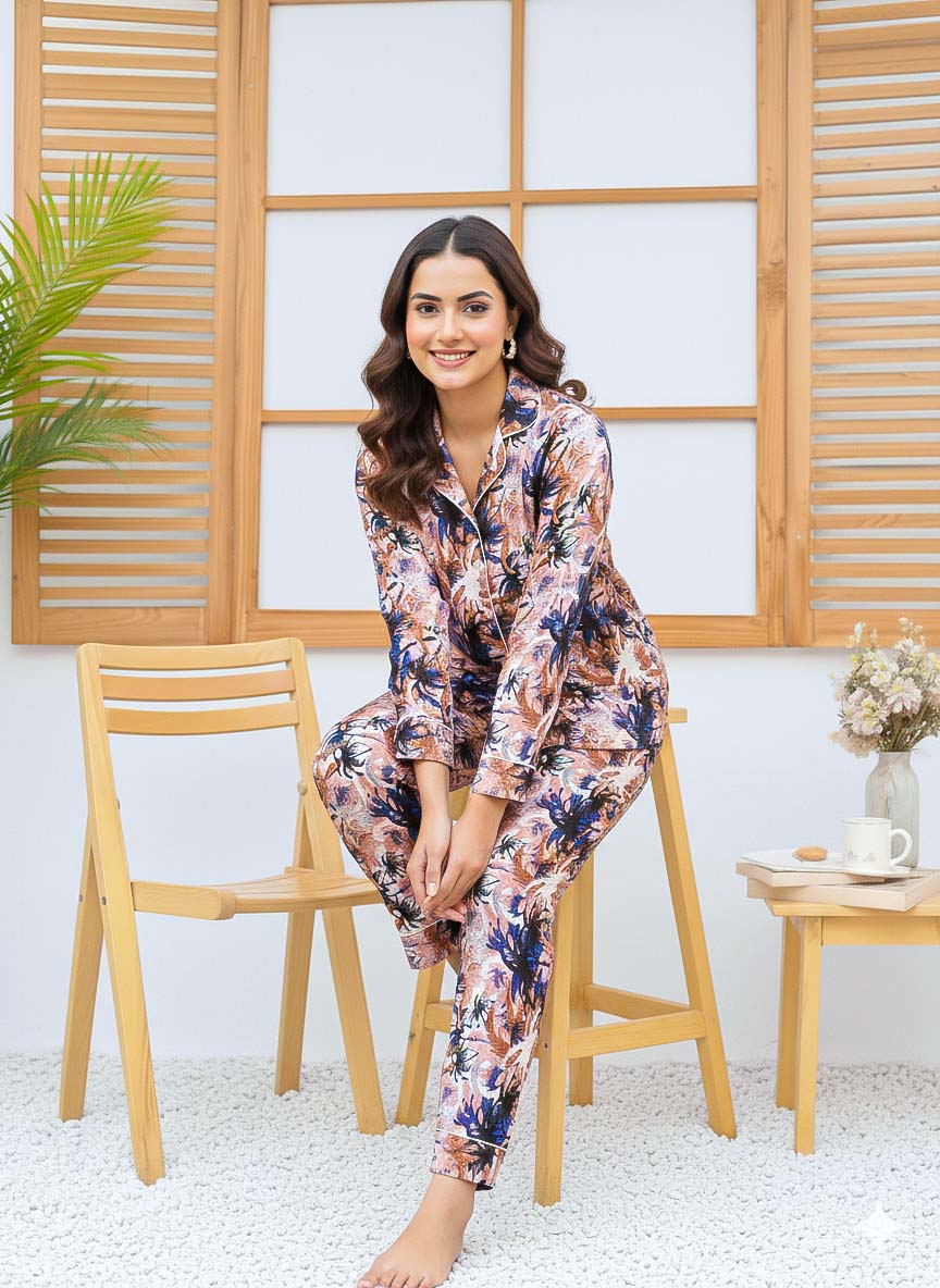Night Need imported linen printed tree pattern PJ set featuring a comfortable, stylish linen pajama ensemble for relaxed nights.