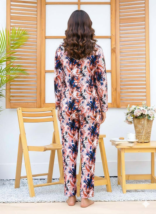 Night Need linen printed PJ set with tree pattern, featuring a comfortable long-sleeve top and matching pants in natural linen fabric.