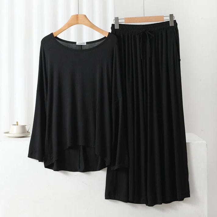 Black plain palazzo night suit for women made of cotton jersey, stylish and comfortable sleepwear by The Style Bazar.