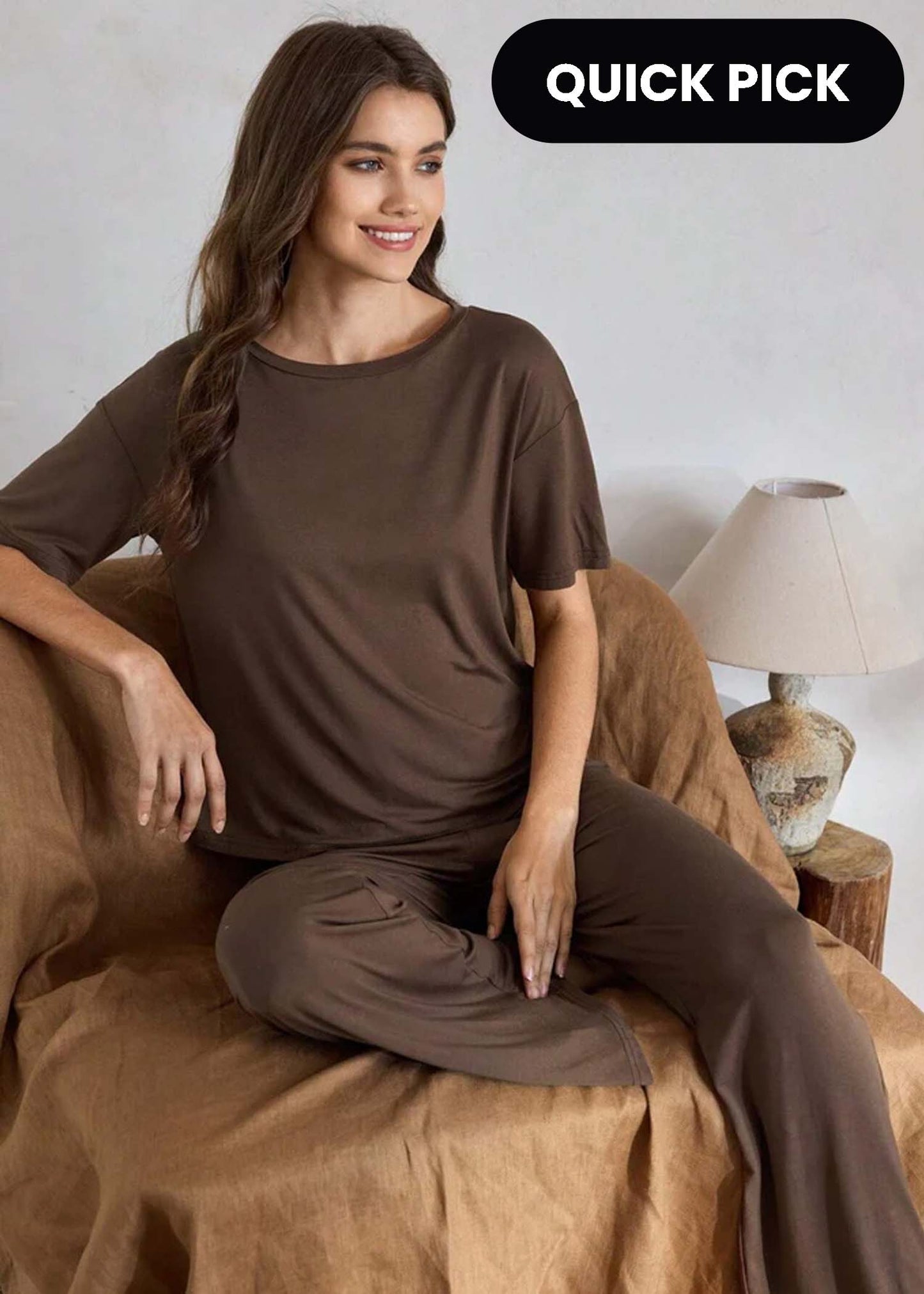 Brown cotton jersey night suit for women, plain style, comfortable extended nightwear from The Style Bazar.