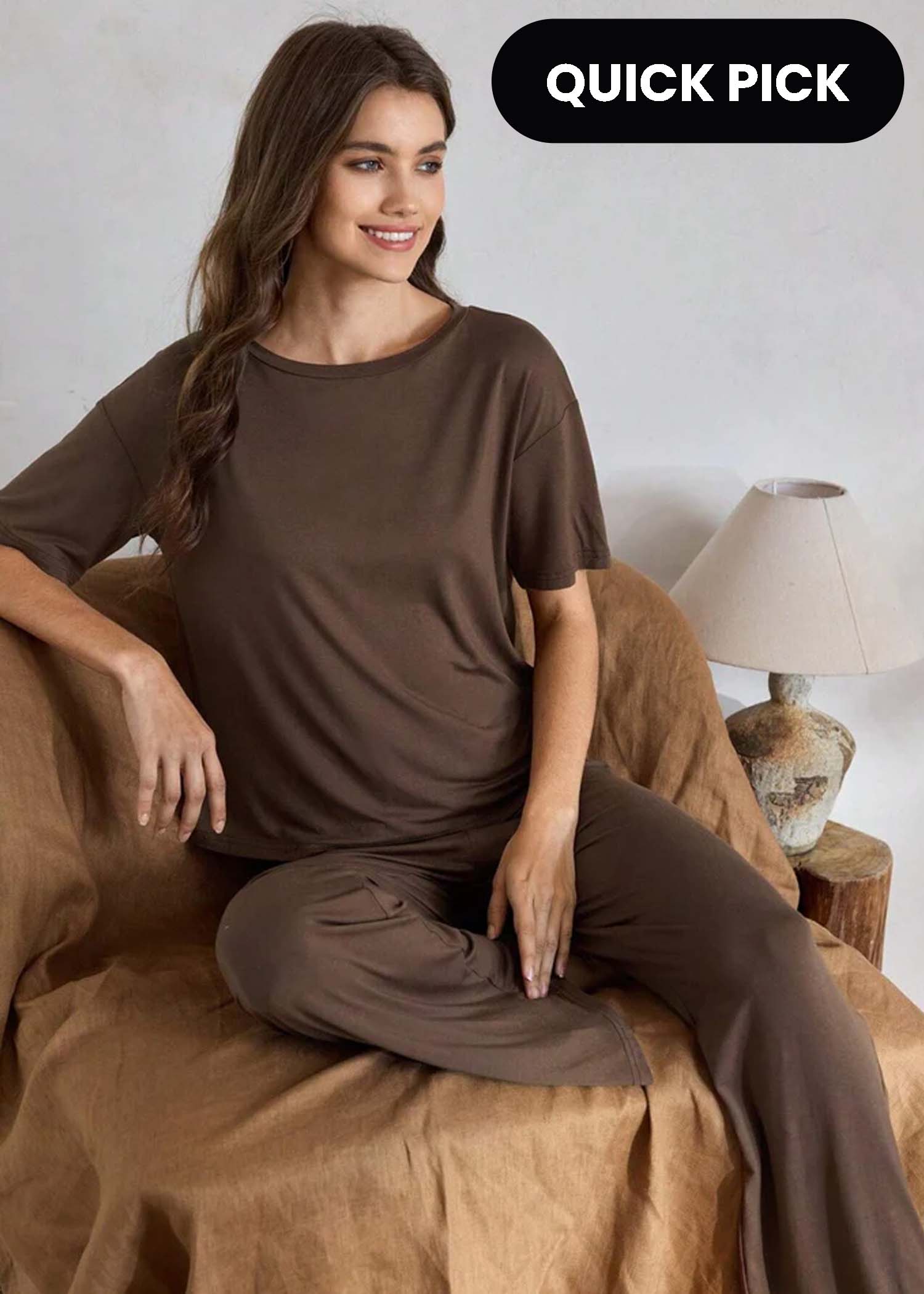 Brown cotton jersey night suit for women, plain style, comfortable extended nightwear from The Style Bazar.