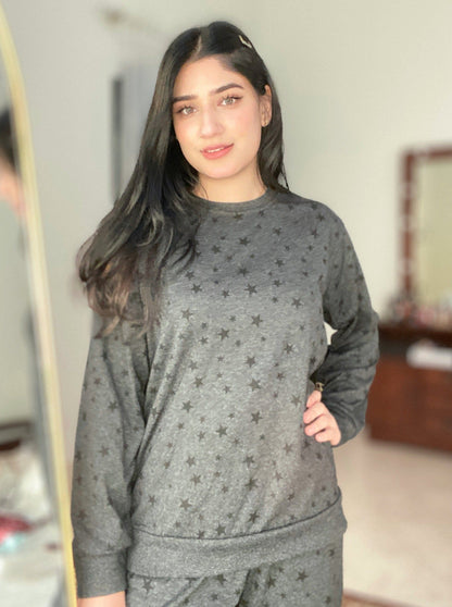 Charcoal star printed extended women's cotton jersey night suit from The Style Bazar, featuring a comfortable long-sleeve design.