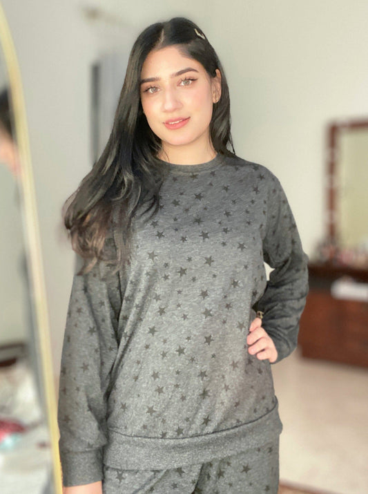 Charcoal star printed extended women's cotton jersey night suit from The Style Bazar, featuring a comfortable long-sleeve design.