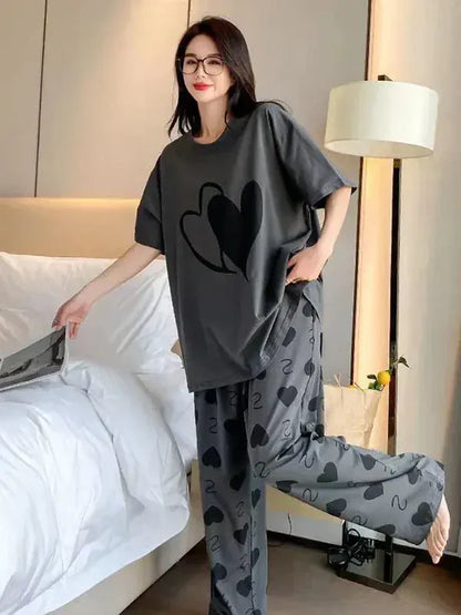 Grey double heart printed cotton jersey night suit with half sleeves for women, from The Style Bazar.