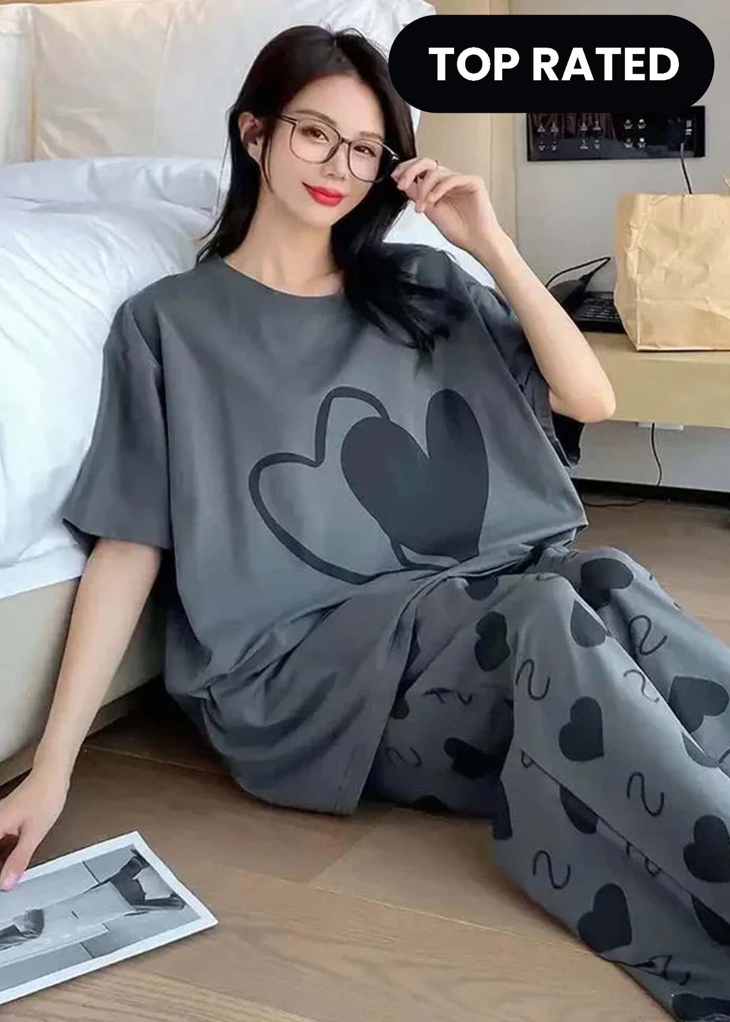 Grey double heart printed women's night suit made of cotton jersey with half sleeves, designed for comfortable sleep.