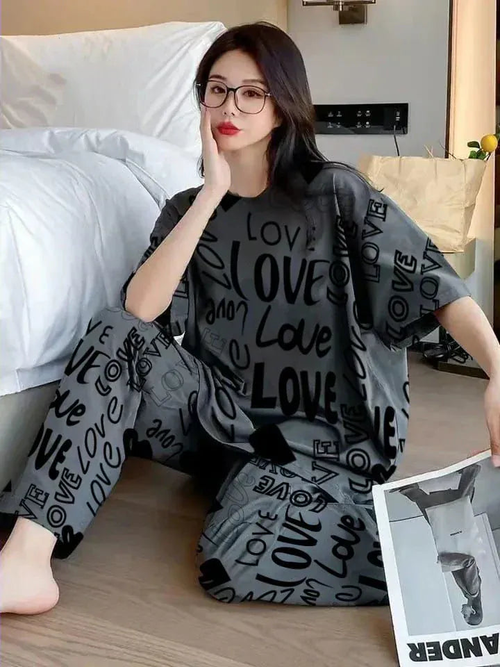 Grey love printed cotton jersey night suit for women, featuring a comfortable and stylish extended design by The Style Bazar.
