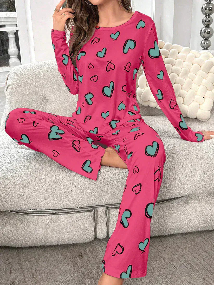 Extended women’s cotton jersey night suit with heart pattern print, comfortable sleepwear from The Style Bazar.