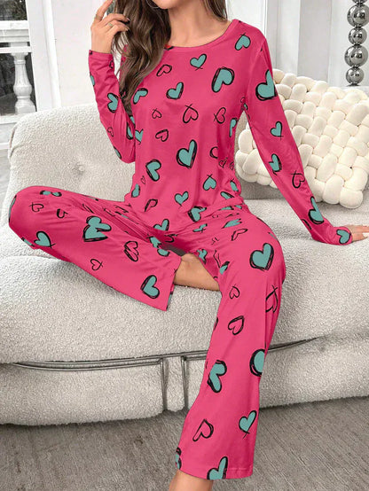 Extended women’s cotton jersey night suit with heart pattern print, comfortable sleepwear from The Style Bazar.