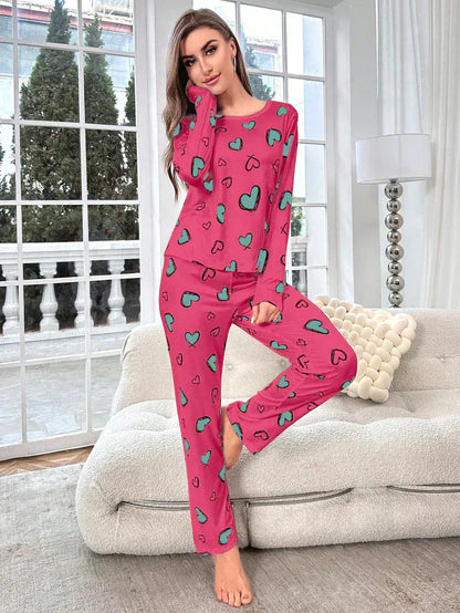 Extended women’s cotton jersey night suit with heart pattern print, comfortable sleepwear by The Style Bazar.