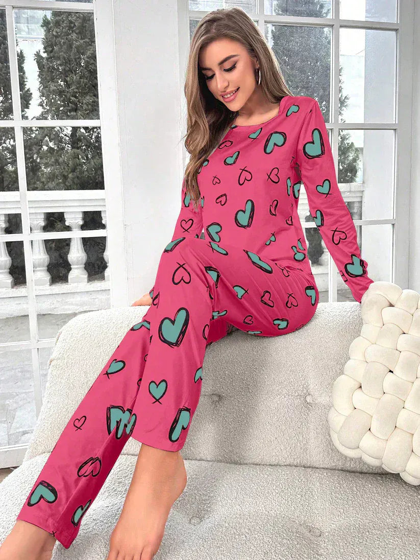 Extended women's cotton jersey night suit with a heart pattern print for comfortable sleepwear from The Style Bazar.