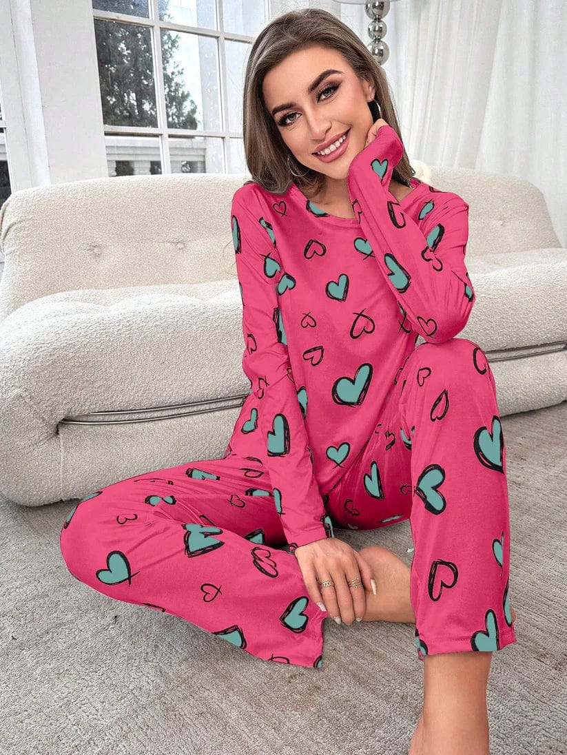 Heart pattern printed women's cotton jersey night suit featuring a comfortable fit and relaxed design.
