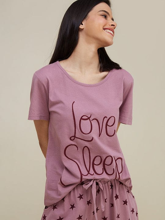 Love Sleep printed women's night suit made of cotton jersey, featuring a comfortable, relaxed fit for a cozy night's sleep.