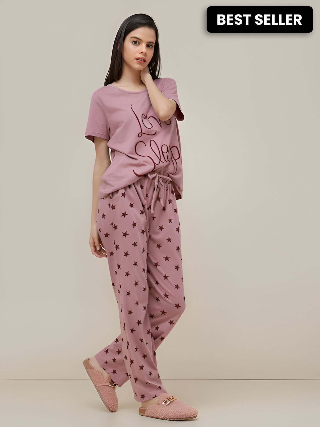 Comfortable love sleep printed night suit for women, made of soft cotton jersey by The Style Bazar, featuring a cozy, relaxed fit.