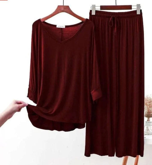 Maroon plain palazzo night suit for women made of cotton jersey, featuring a comfortable, relaxed fit for nightwear.