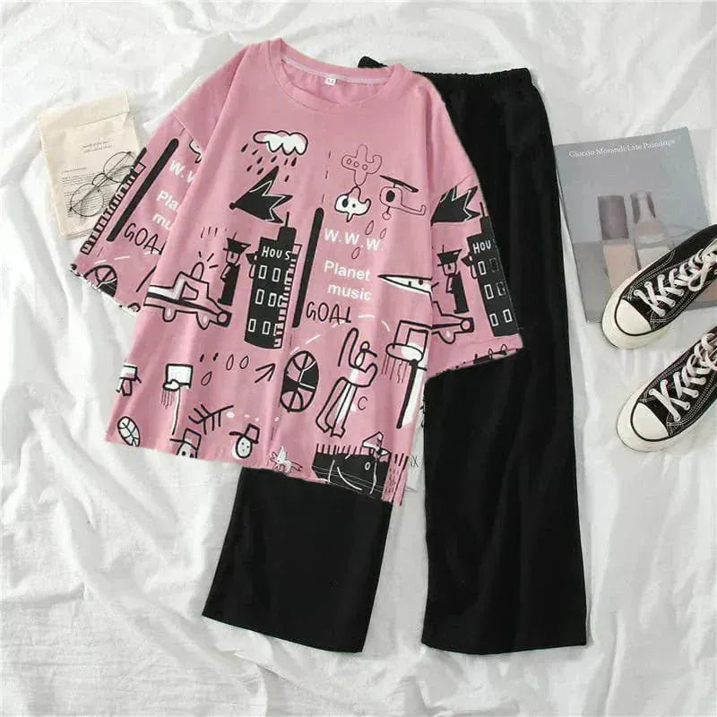 Pink funcky printed women’s cotton jersey night suit with long sleeves and relaxed fit, ideal for comfortable sleep.