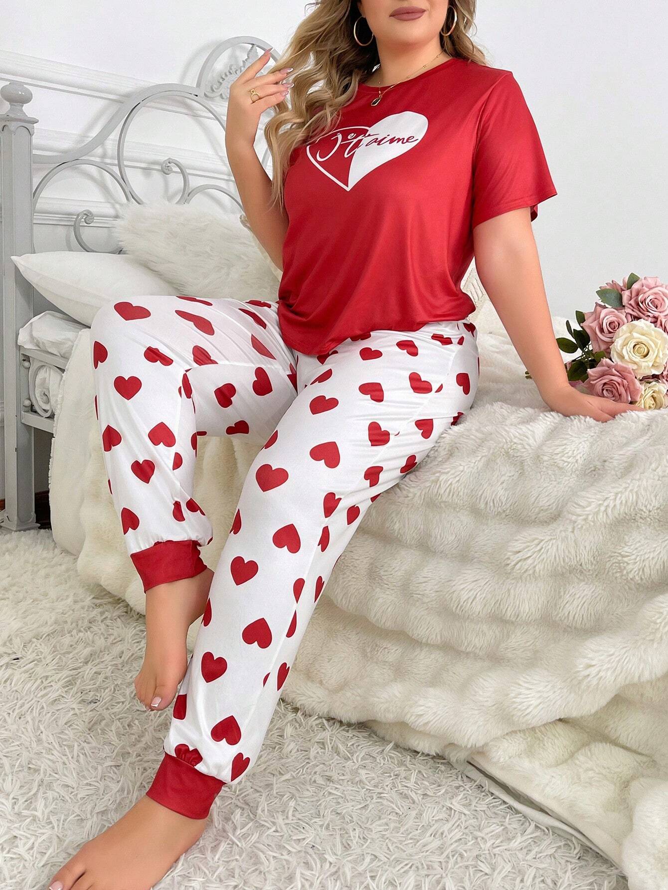 Red Heart printed women's cotton jersey night suit with long sleeves and relaxed fit, suitable for comfortable sleepwear.