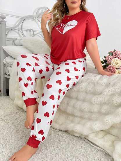 Red Heart printed women's cotton jersey night suit with long sleeves and relaxed fit, suitable for comfortable sleepwear.