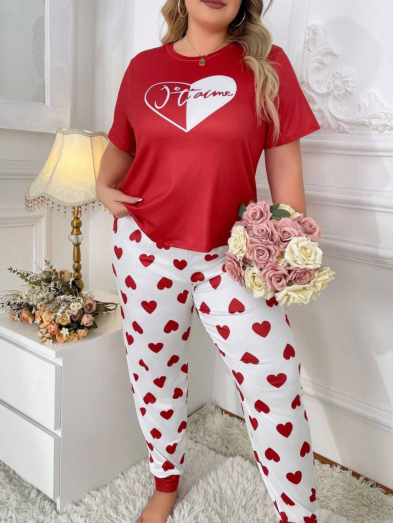 Red heart printed women's cotton jersey night suit with long sleeves and relaxed fit, perfect for comfortable sleep.