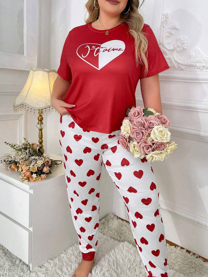 Red heart printed women's cotton jersey night suit with long sleeves and relaxed fit, perfect for comfortable sleep.