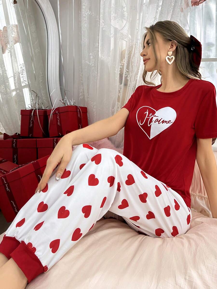 Red heart printed cotton jersey night suit for women, comfortable extended sleepwear from The Style Bazar.