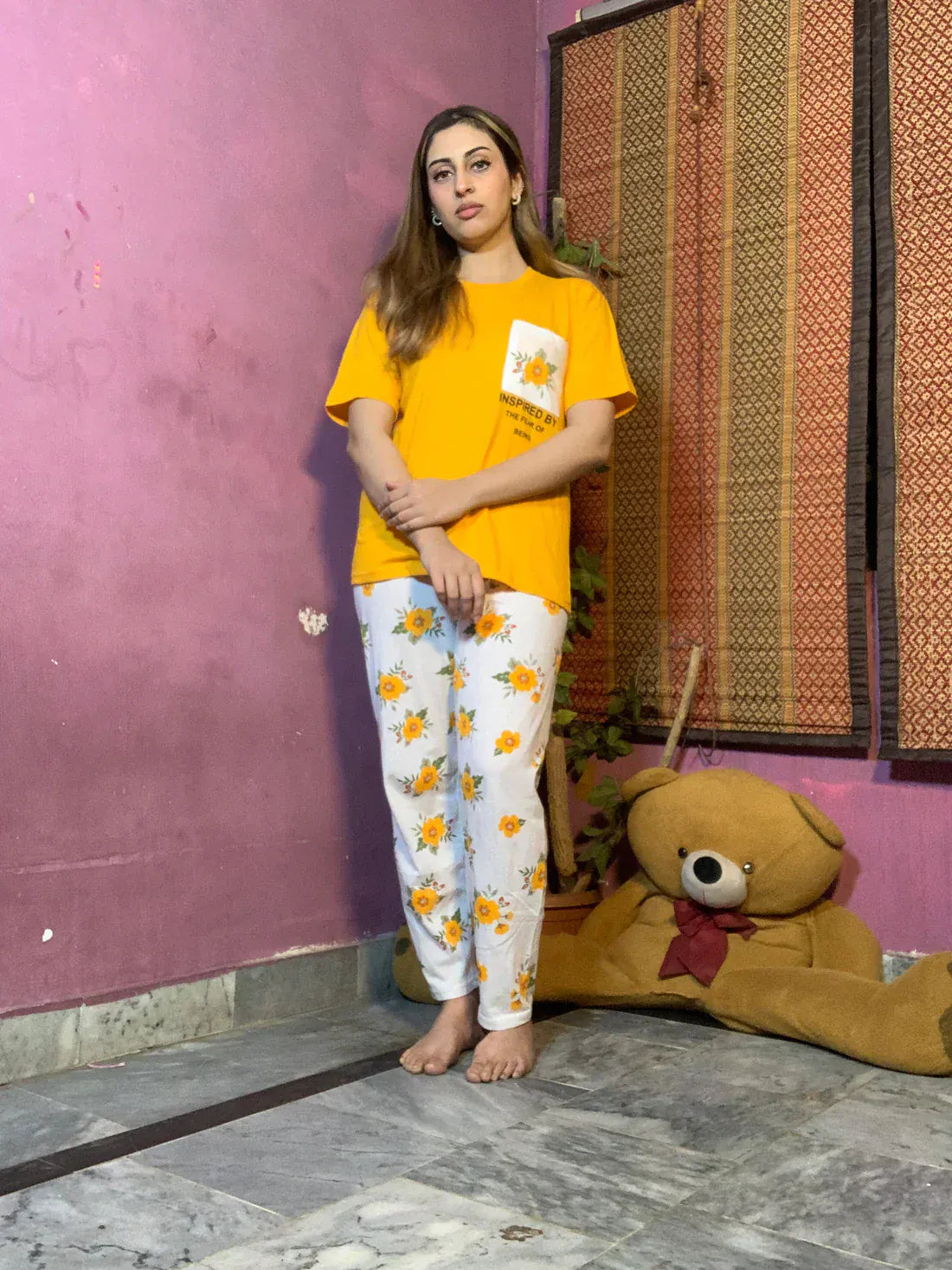 Yellow pocket printed night suit for women, made of cotton jersey, by The Style Bazar, featuring a comfortable relaxed fit.