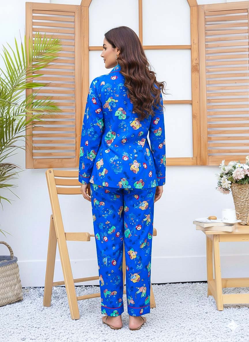 Imported linen blue skies printed PJ set from The Style Bazar featuring a comfortable, stylish linen pajama top and bottoms.