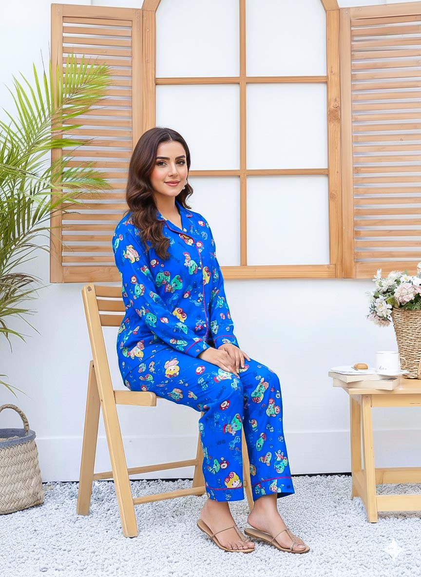 Imported linen printed blue skies pajama set from The Style Bazar, featuring a comfortable and stylish linen pajama top and bottoms.
