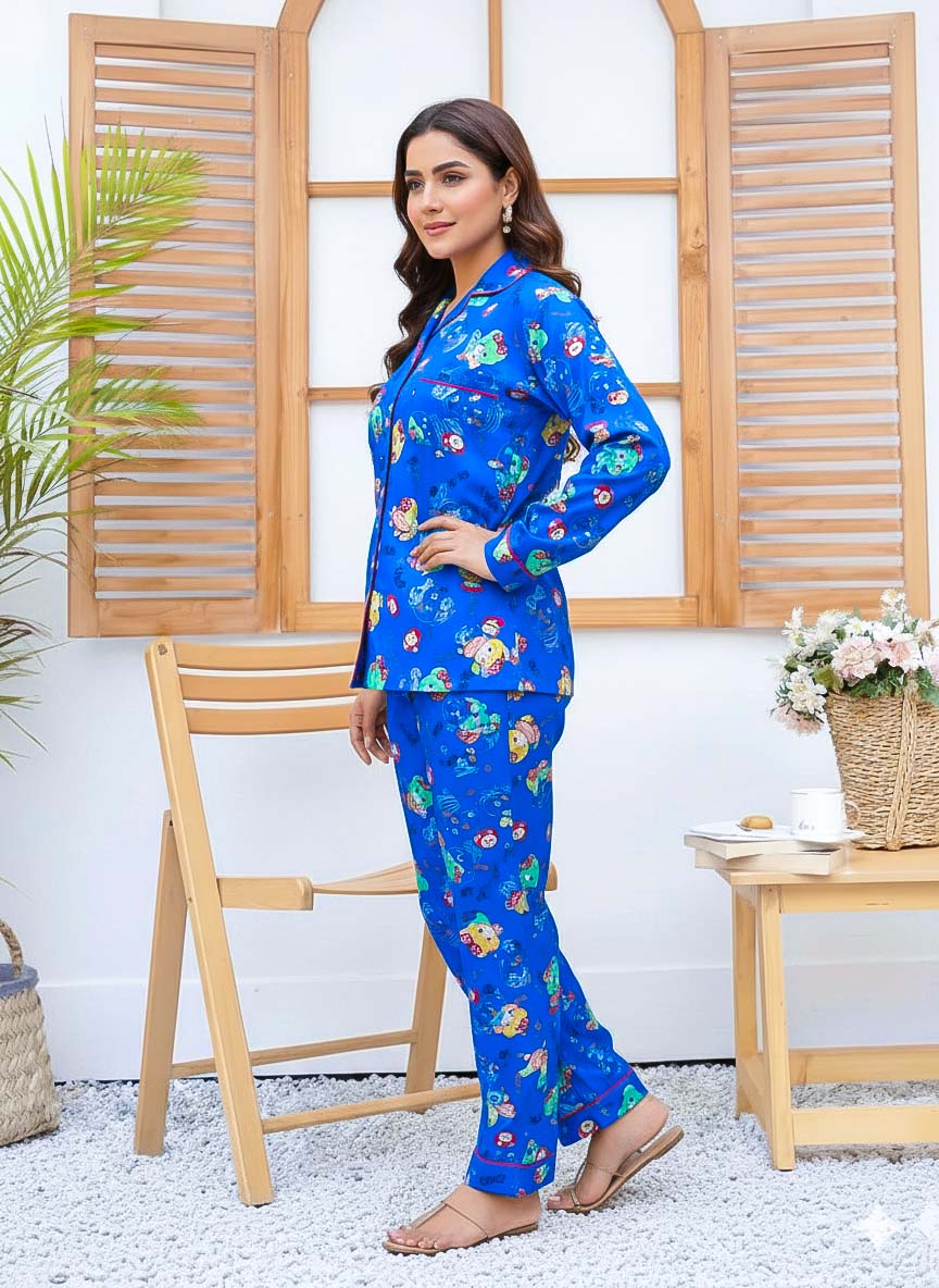 Imported linen printed blue skies PJ set by The Style Bazar, featuring a comfortable, lightweight linen pajama ensemble with blue sky print.