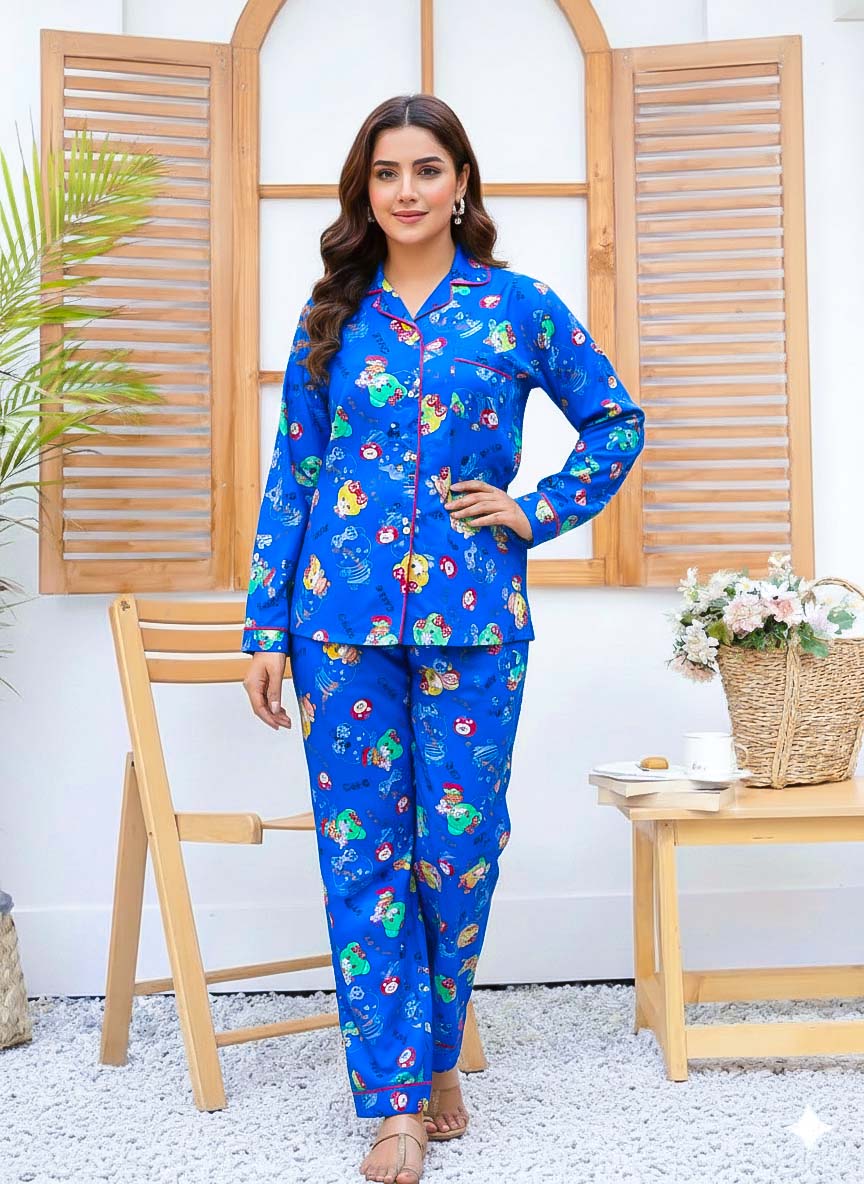 Imported linen blue skies printed pajama set from The Style Bazar, featuring a comfortable, lightweight linen fabric with a sky pattern.