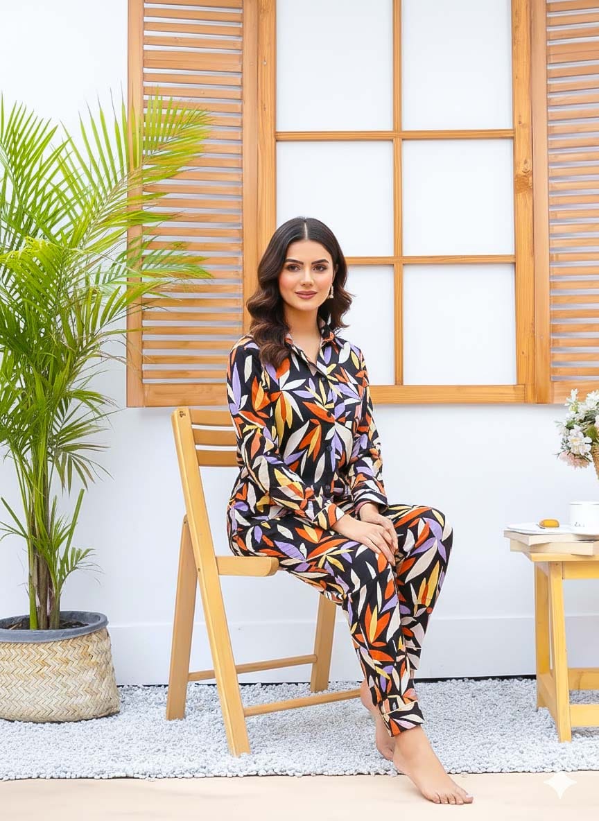 Imported linen printed flower bales PJ set by The Style Bazar, featuring a comfortable and stylish linen pajama set with floral print.