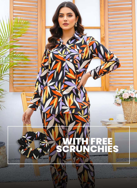 Linen PJ set with floral print and matching scrunchies from The Style Bazar, soft fabric for comfortable sleepwear.