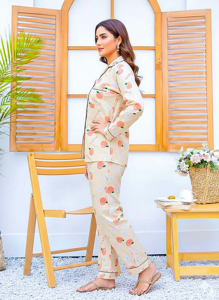 Imported linen printed peach PJ set from The Style Bazar featuring a comfortable, stylish linen sleepwear with peach print.