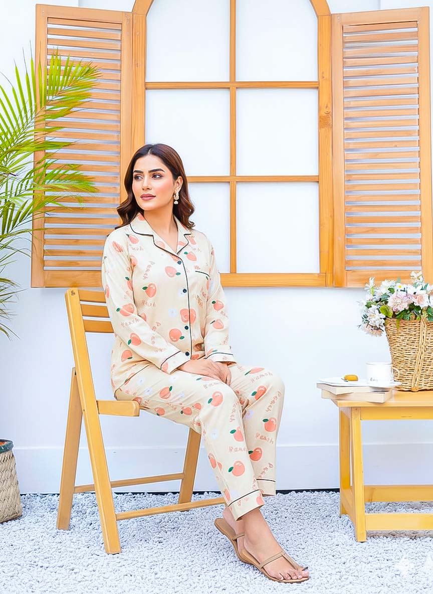 Imported linen printed peach PJ set by The Style Bazar, featuring a comfortable and stylish linen sleepwear ensemble.