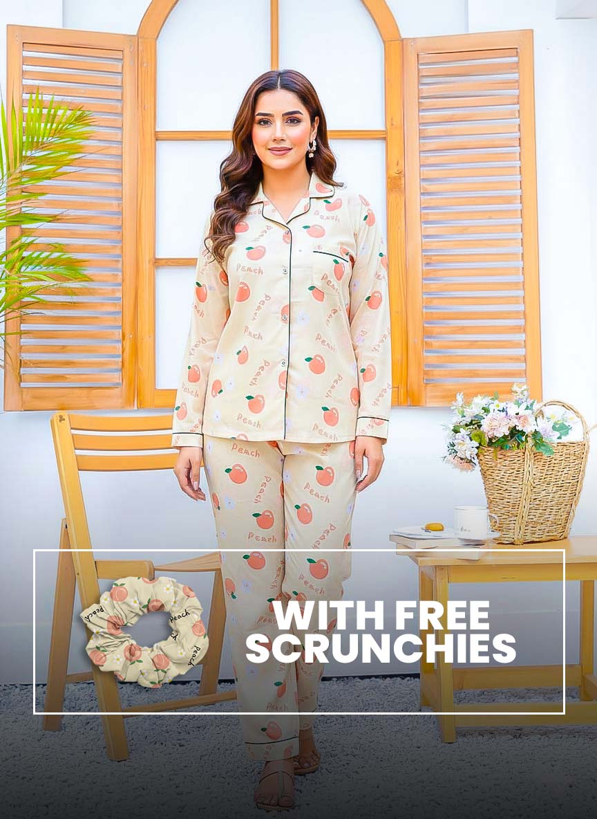 Imported linen printed peach PJ set by The Style Bazar featuring a cozy linen pajama top and bottom with peach print fabric.