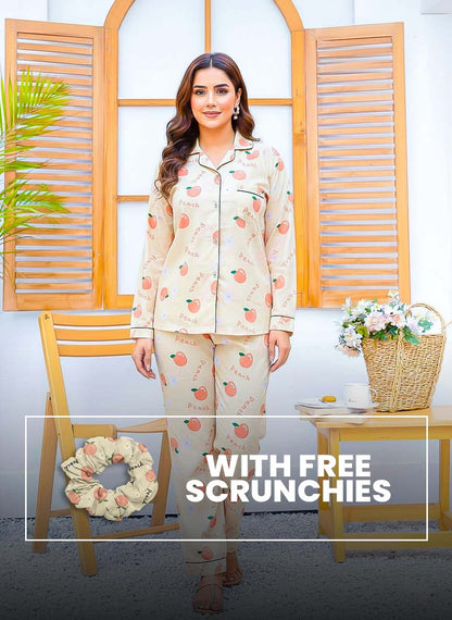 Imported linen printed peach PJ set by The Style Bazar featuring a cozy linen pajama top and bottom with peach print fabric.