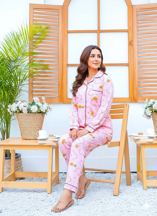 Imported linen printed peach PJ set by The Style Bazar, featuring a comfortable, lightweight linen fabric with a peach floral print.