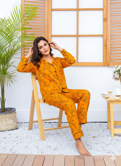 Imported linen printed warm glow PJ set by The Style Bazar, featuring a comfortable, stylish linen pajama top and bottom.