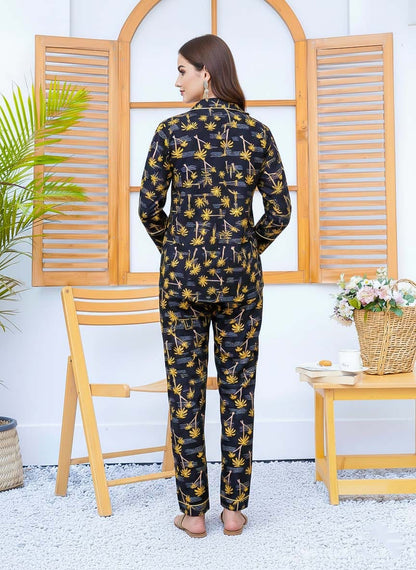 Imported linen yellow tree print PJ set from The Style Bazar, comfortable linen pajamas with a vibrant tree design.