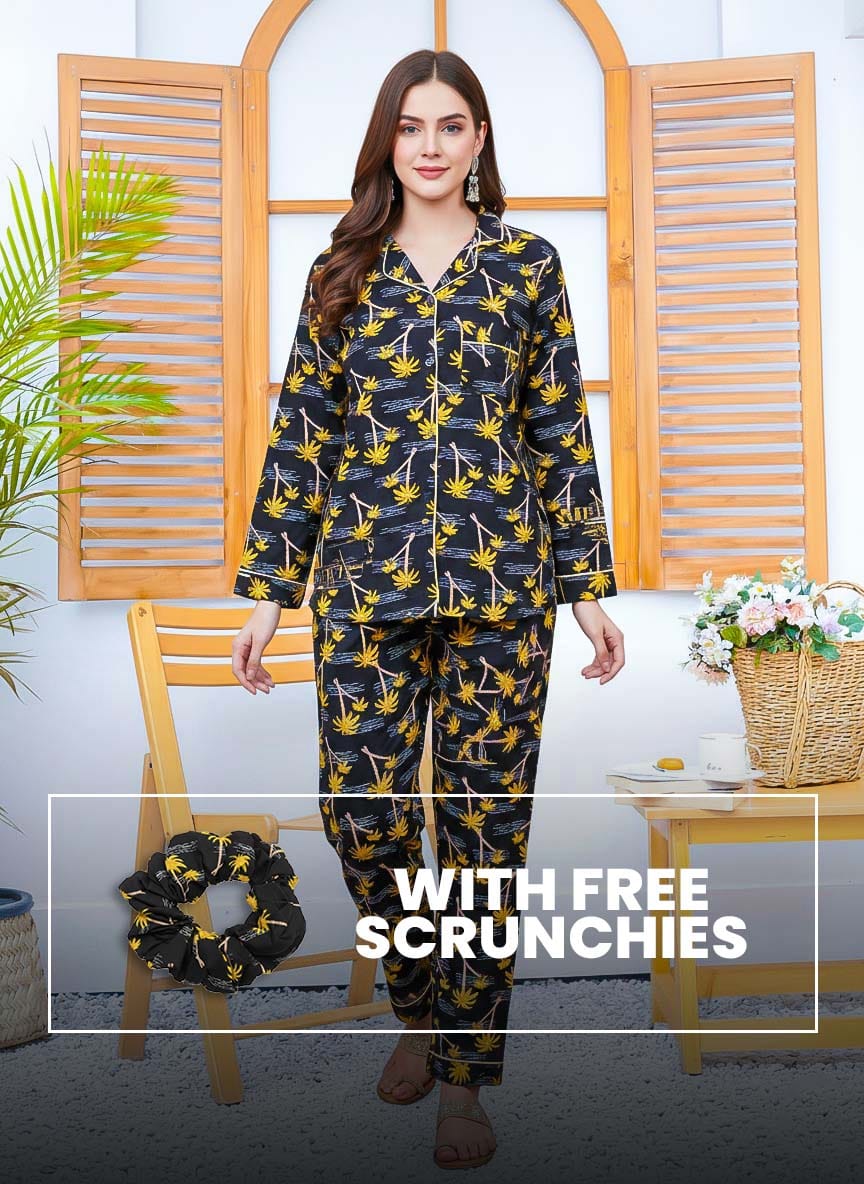 Yellow printed linen PJ set with tree design, featuring matching scrunchies from The Style Bazar.