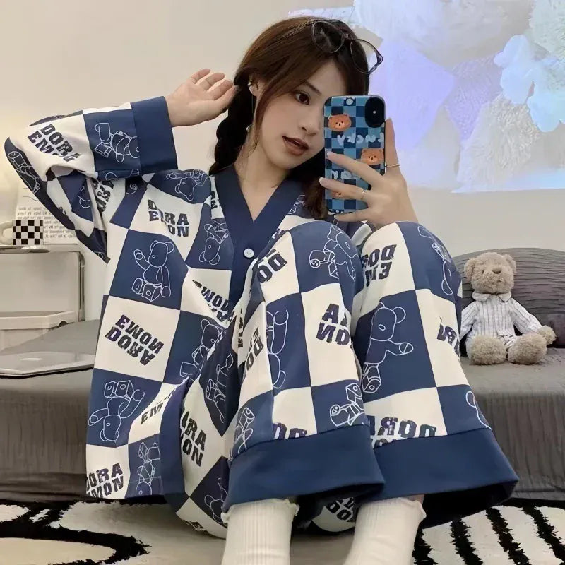 Blue check Dora night suit with V-neck style, button front, printed cotton jersey, comfortable sleepwear by The Style Bazar.