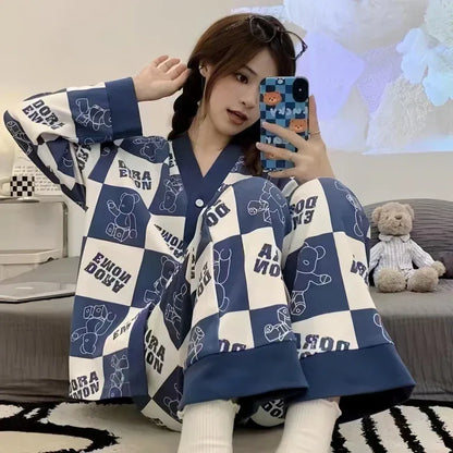 Blue check Dora night suit with V-neck style, button front, printed cotton jersey, comfortable sleepwear by The Style Bazar.